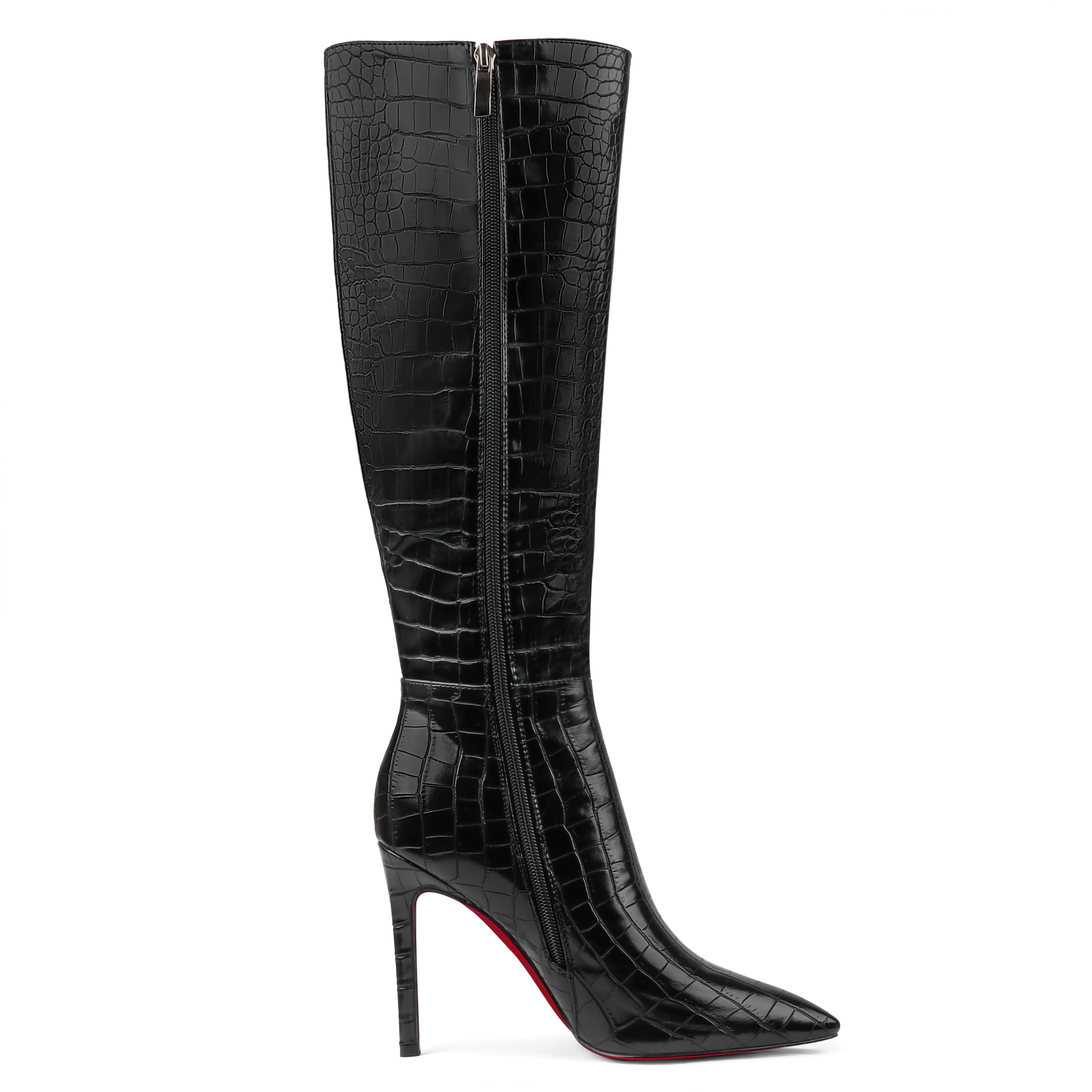 100mm Women's Fashion Zipper Leather High Heels Knee Boots Red Bottom Shoes-MERUMOTE