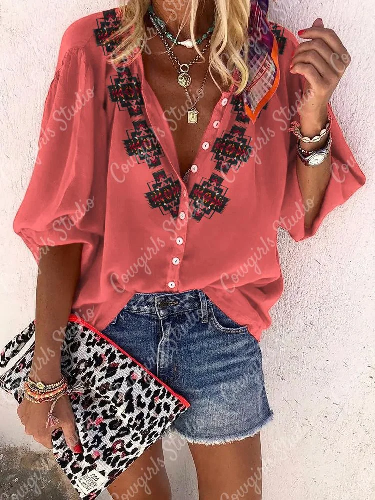 Casual Geometric Watermelon Red Button-Up Shirt