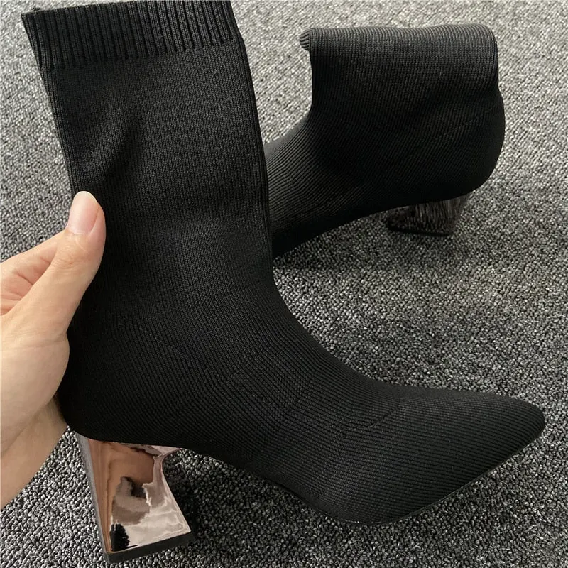 2022 Women Stretch Knitted Sock Boots 7cm 9cm High Heels White Ankle Boots Stripper Low Block Heel Lady Warm Winter Chunky Shoes