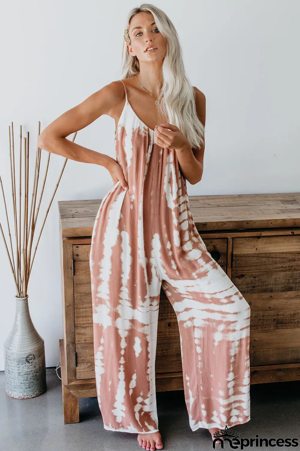 Pink Spaghetti Strap Tie Dye Baggy Long Pants Romper