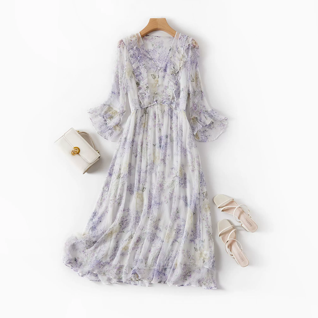 Romantic Silk Dress with Lavender Prints for Spring Picnic REAL SILK LIFE