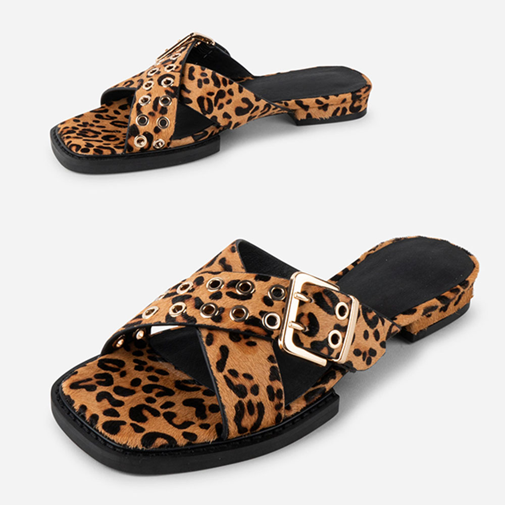 Leopard Print Open Toe Cross Buckle Strap Flat Slide Sandals Nicepairs