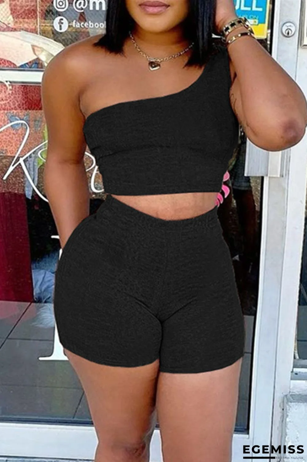 Black Sexy Casual Solid Backless One Shoulder Sleeveless Two Pieces | EGEMISS