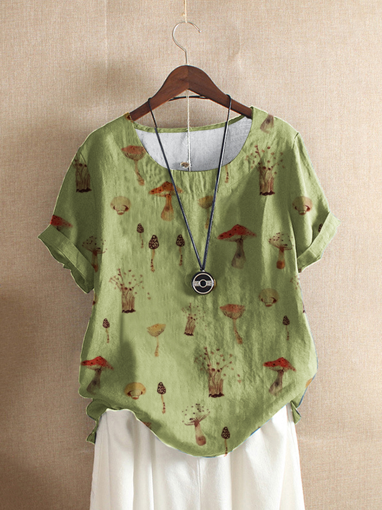 Mushroom Print Short Sleeve Loose O neck T Shirt For Women P1823802