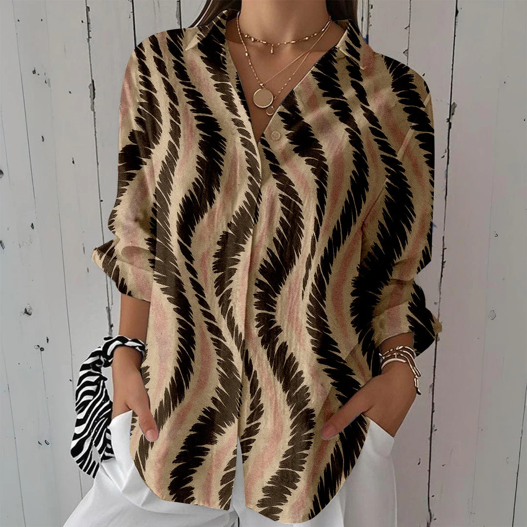 Style & Comfort for Mature Women Women Textured, Black, Khaki DZCL0209 3/4 Sleeve Shirt Collar Printed Button Tops