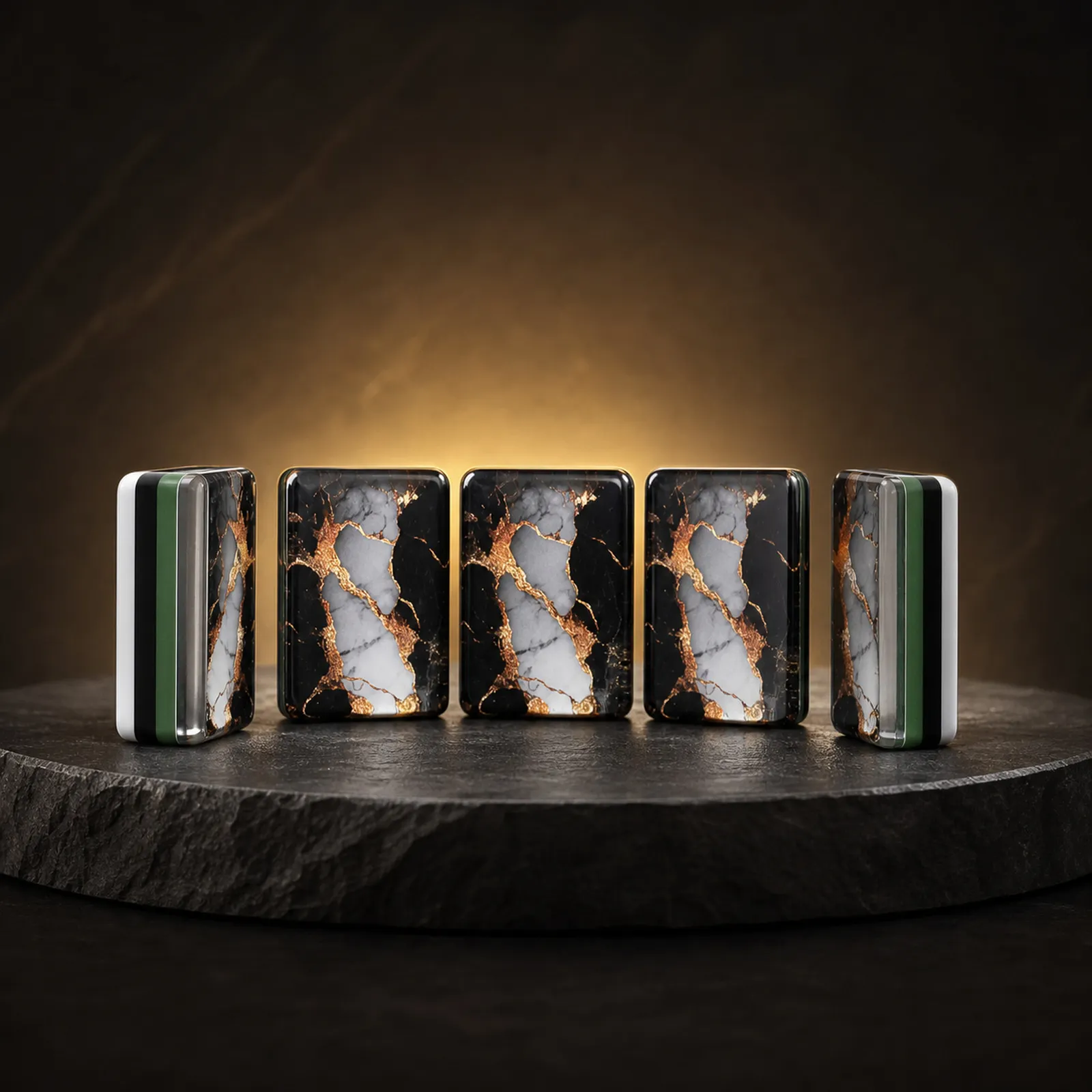 Black Gold Marble tiles showing engraved faces and layered edges.