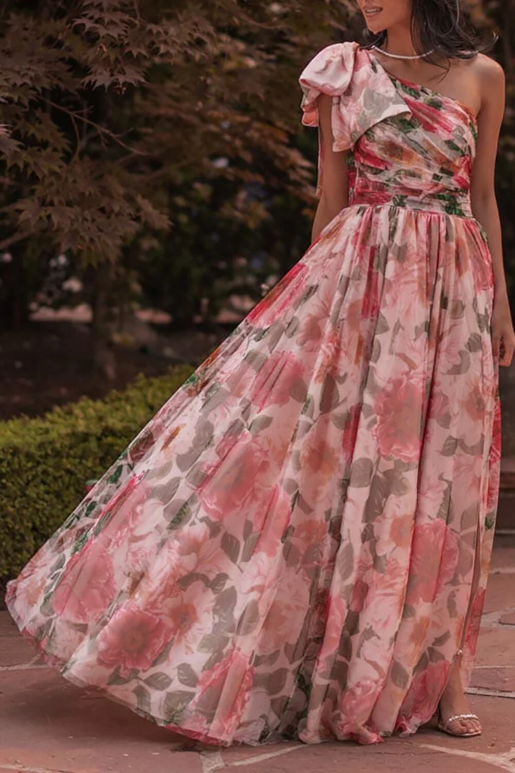 Bow One Shoulder Floral Print Slit A-Line Maxi Dresses-Red [Pre Order]