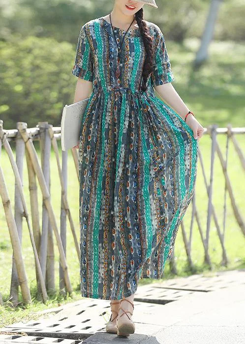 Women short sleeve linen prints dresses pattern green Traveling Dress summer