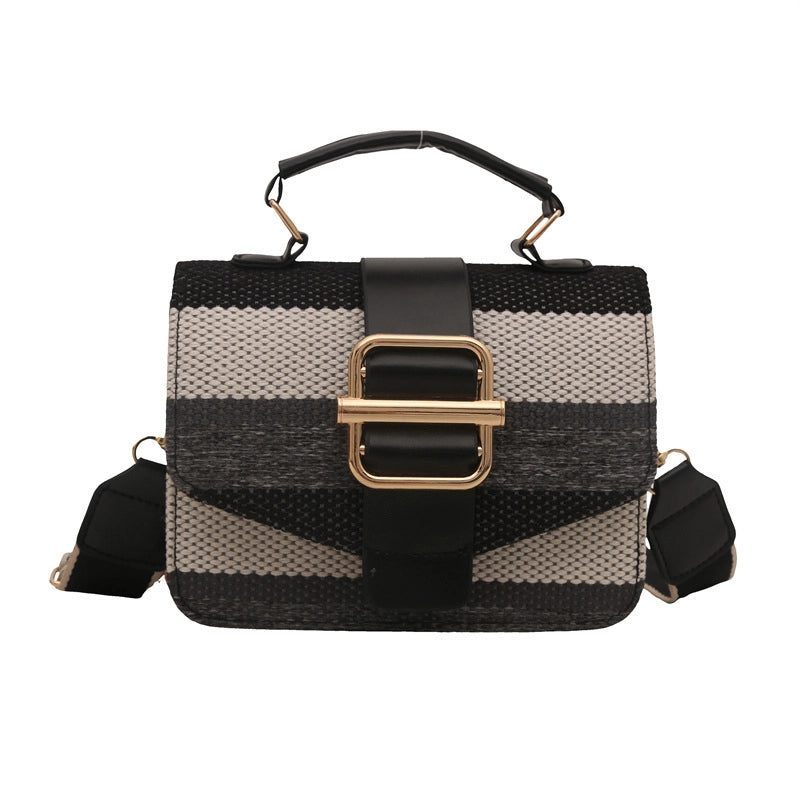 Women’s Pu Leather Stripe Classic Style Sewing Thread Square Magnetic Buckle Flip Cover Crossbody Bag
