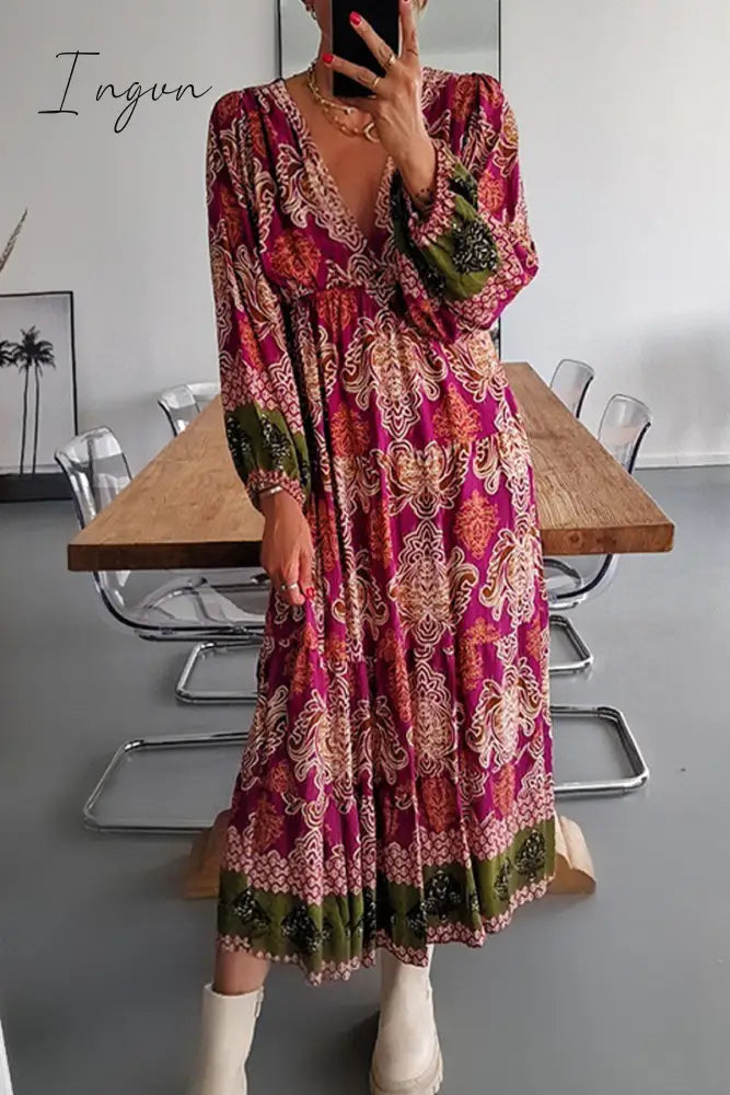 Ingvn - Casual Bohemian Floral Fold V Neck Printed Dresses(4 Colors) Rose Red / S Dresses/Boho