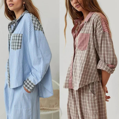 Eine Frau trÃ¤gt ein 2-teiliges lÃ¤ssiges Pyjama-Set mit Karomuster