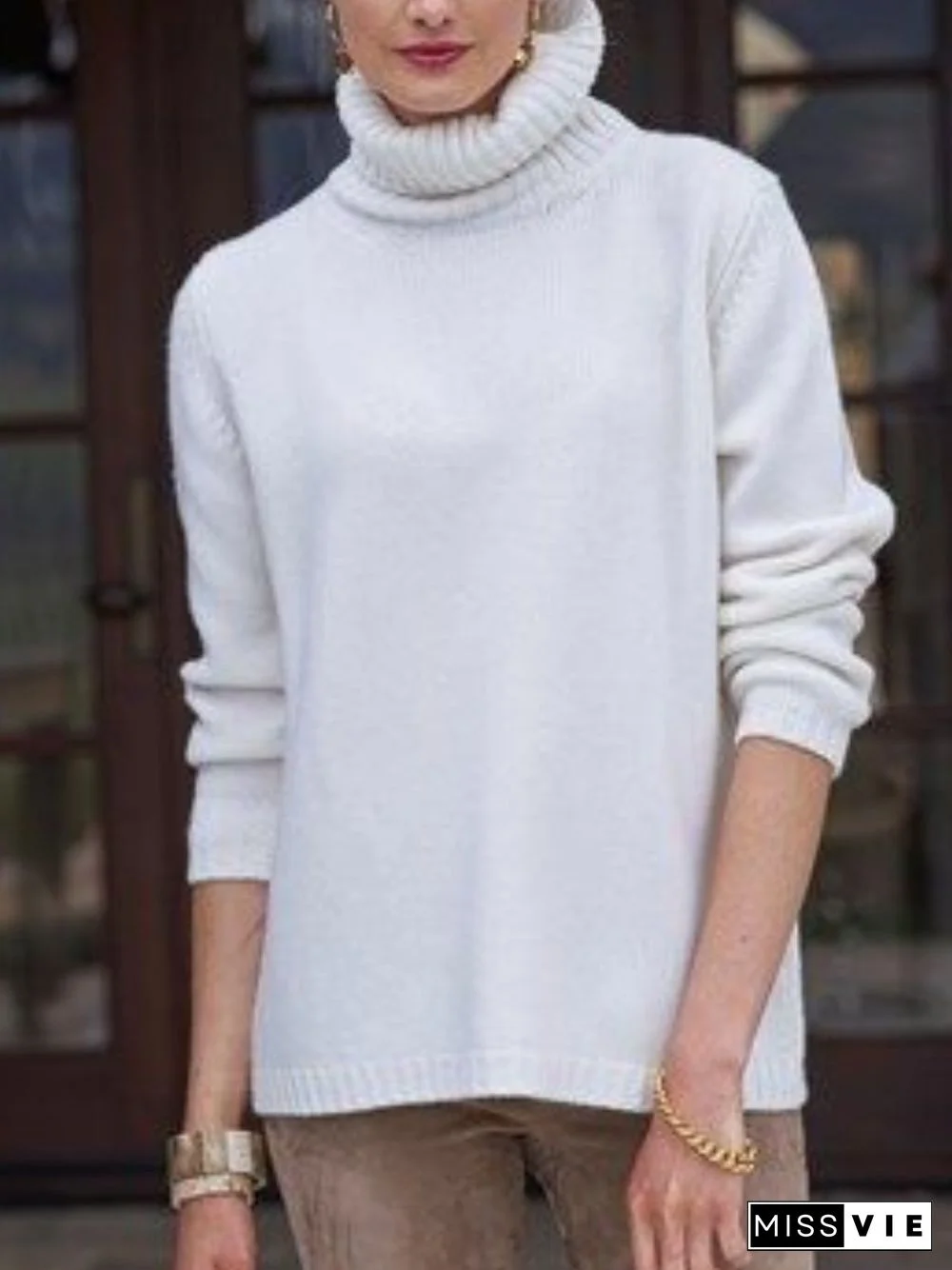 Simple Spring Solid Cotton Natural Lightweight Daily Long sleeve Turtleneck Sweater for Women
