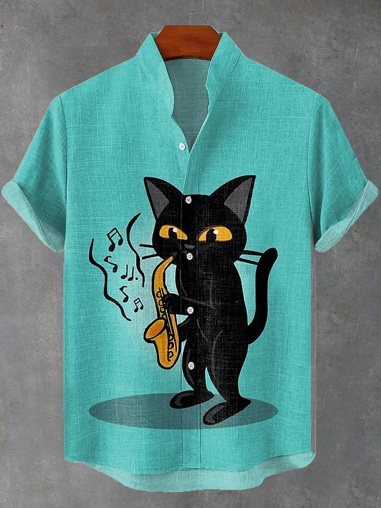 Men's Play My Saxophone Black Cat Print Casual Shirt