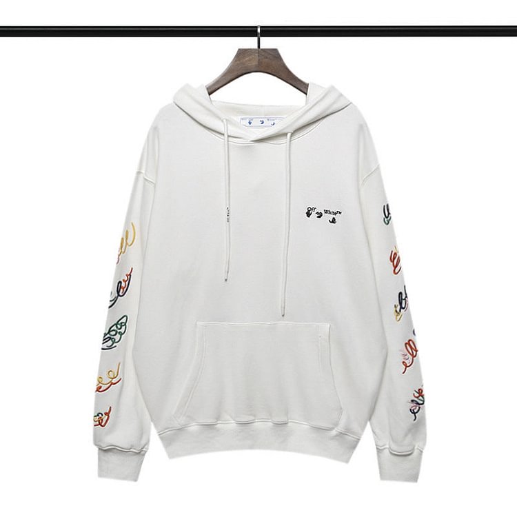 Off White Hoodie Fall and Winter Creative Colorful Curved Embroidered Arrow Hooded Sweater for Men and Women