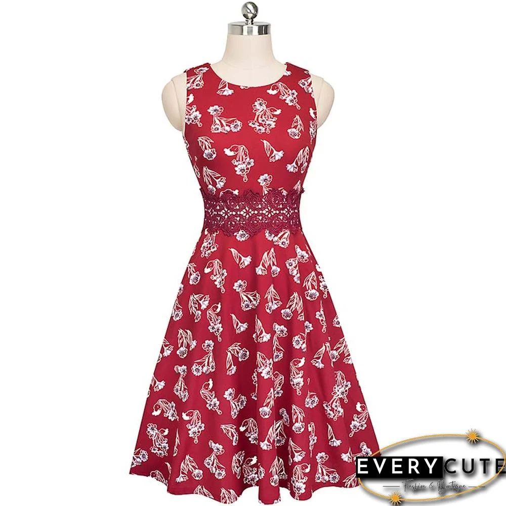 Red Floral Print Party Skater Dress