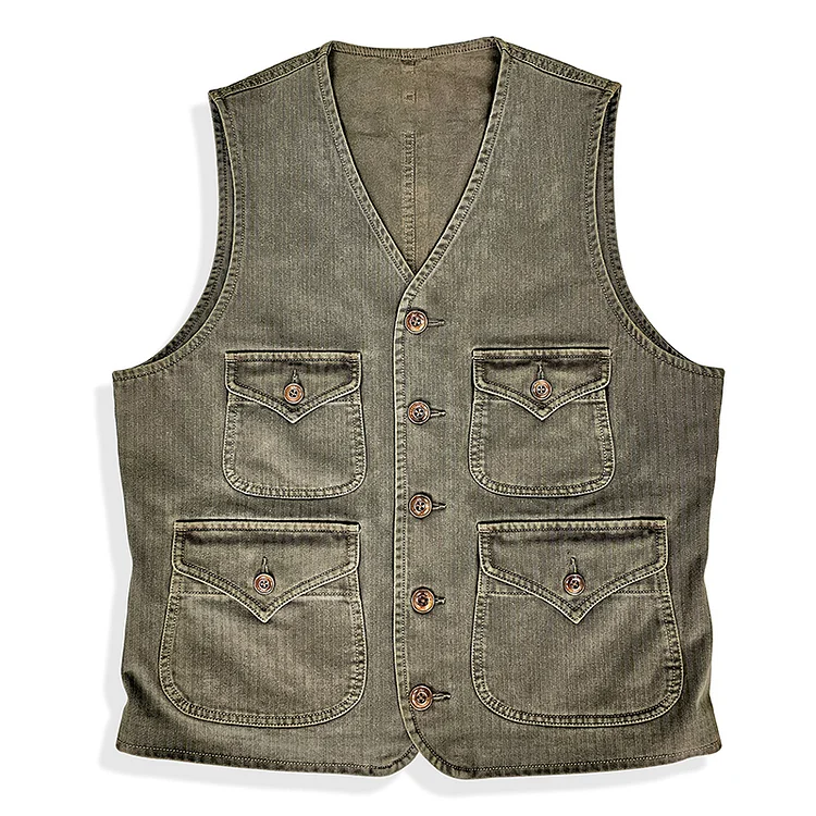 Vintage Cotton Herringbone Multi-Pocket Work Vest