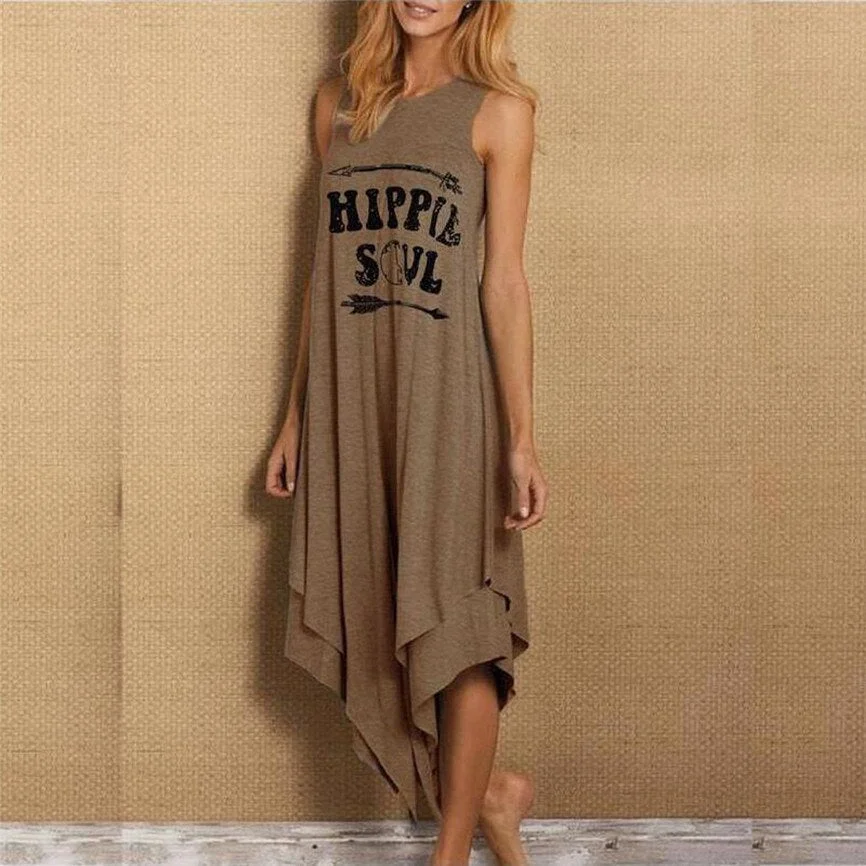 Hippie Soul Sleeveless Dress Summer Casual Letter Printed Plus Size Woman Tank Top Dress Fashion Loose O-Neck Female Beach Dress