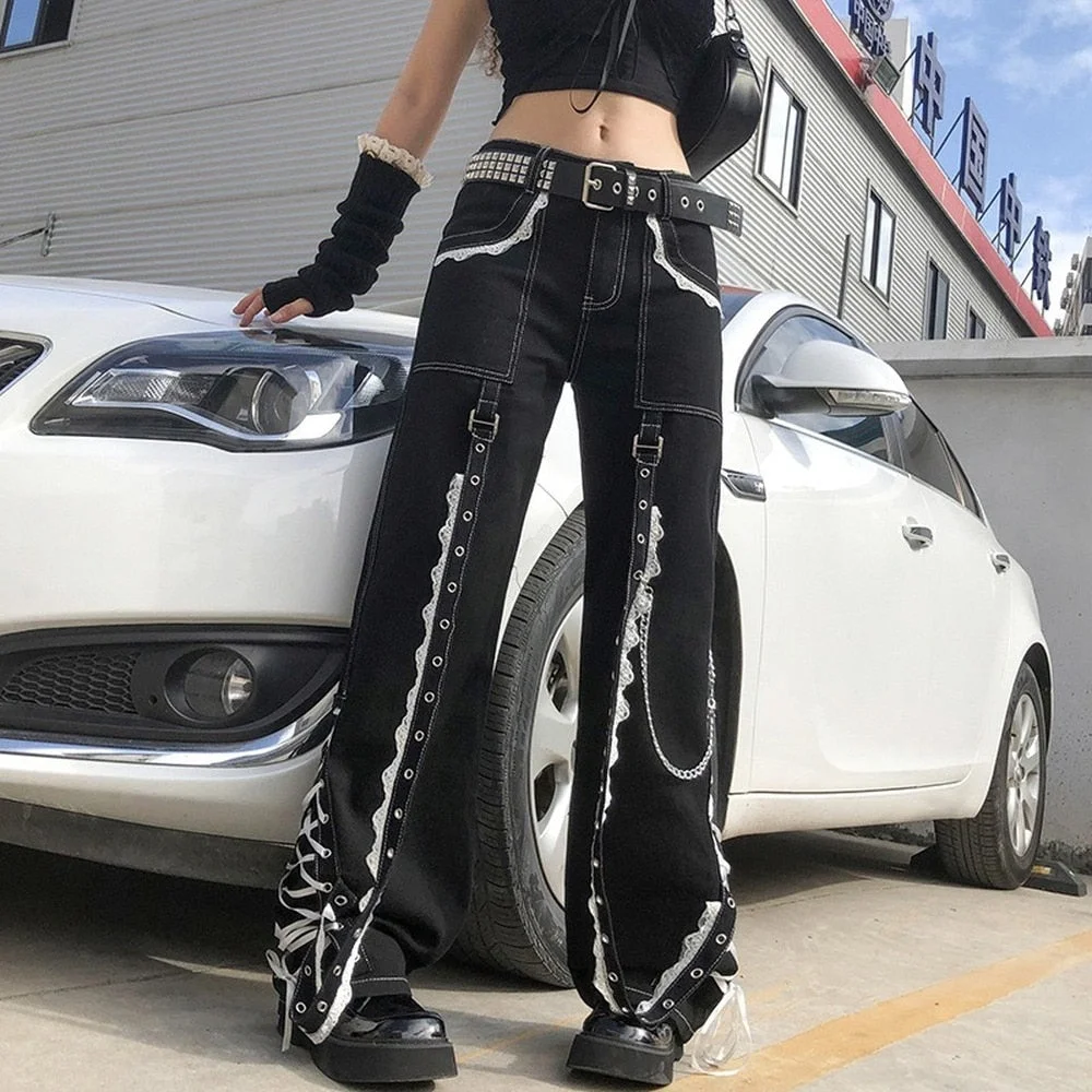 Sonicelife Halloween Gothic Baggy Black Jean Women Streetwear Aesthetic Lace Up Patchwork Punk Grunge Denim Trousers Fashion Straight Pants