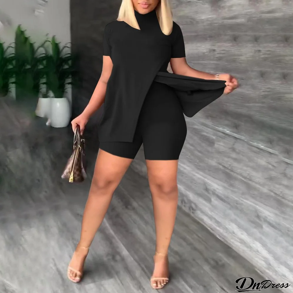 Women Turtleneck Slit Top And Shorts Two-Piece Set