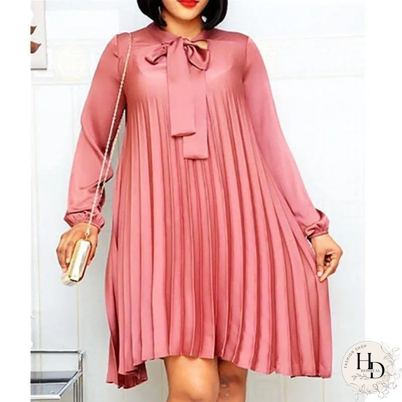 Plus Size Pleated Dresses with BowtieWomen Fashion Summer Female African Vestidos New