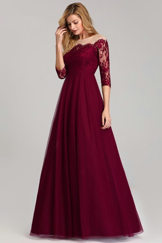 Gorgeous Long Sleeve Burgundy Prom Dress Lace Evening Party Gowns 1830