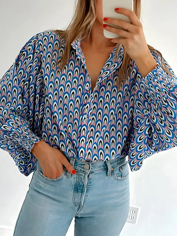 Buttoned Contrast Color Elasticity Long Sleeves Loose Lapel Blouses&Shirts Tops