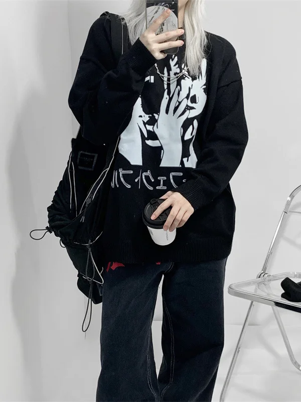 Gothic Dark Cartoon Intarsia Color Block Crew Collar Long Sleeve Sweater
