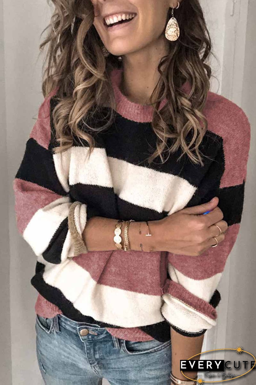 Striped O-Neck Contrast Sweater(3 Colors)