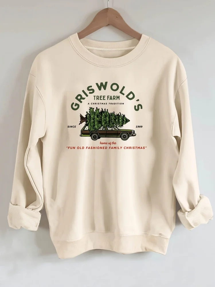 Christmas Tree Car Print Long Sleeve Crew Neck T-Shirt