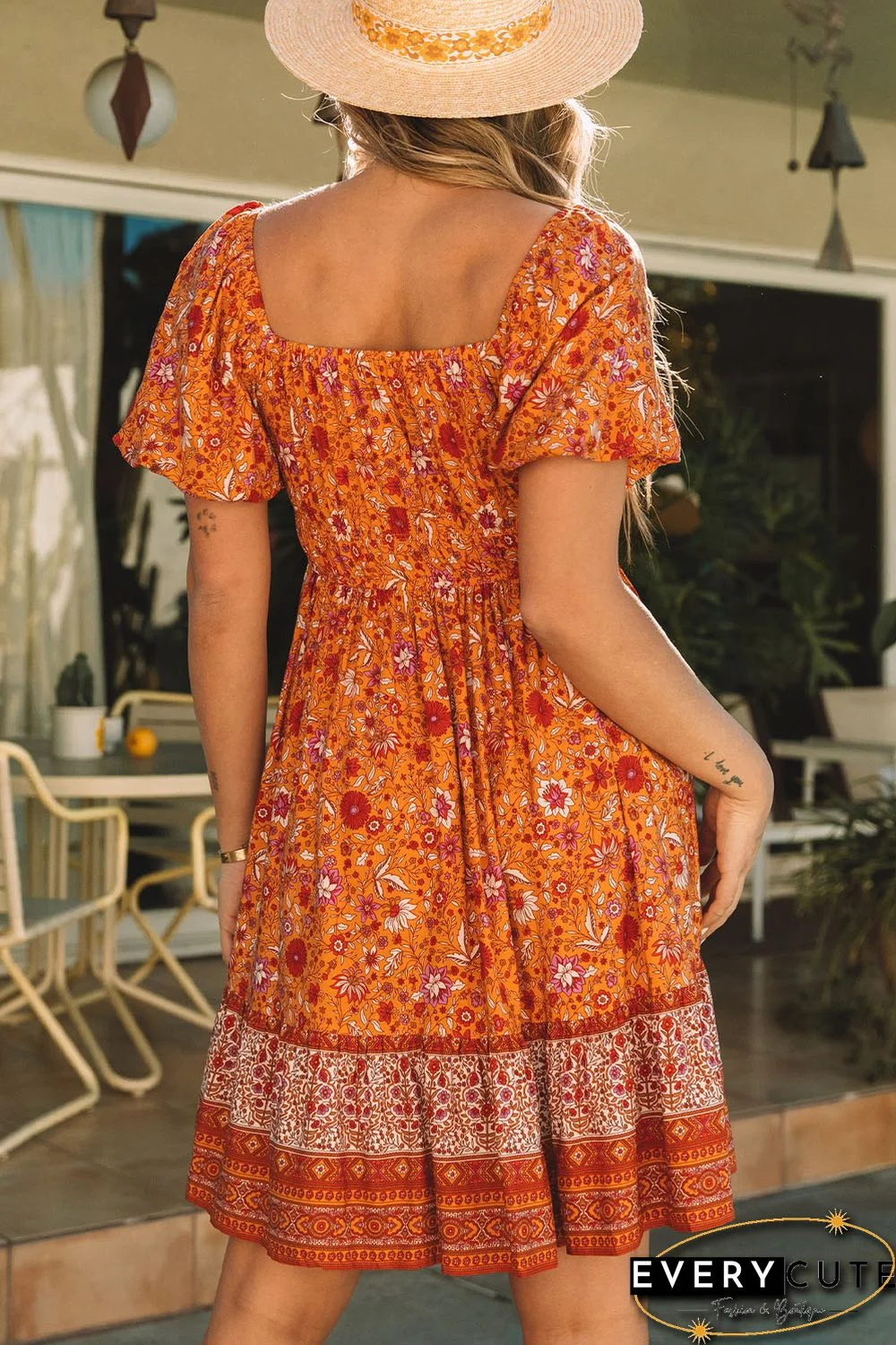 Orange Square Neck Puff Sleeves Flowy Floral Dress