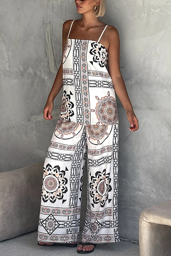 Unique Print Loose Casual Tank Top and Elastic Waist Wide Leg Straight Pants Set