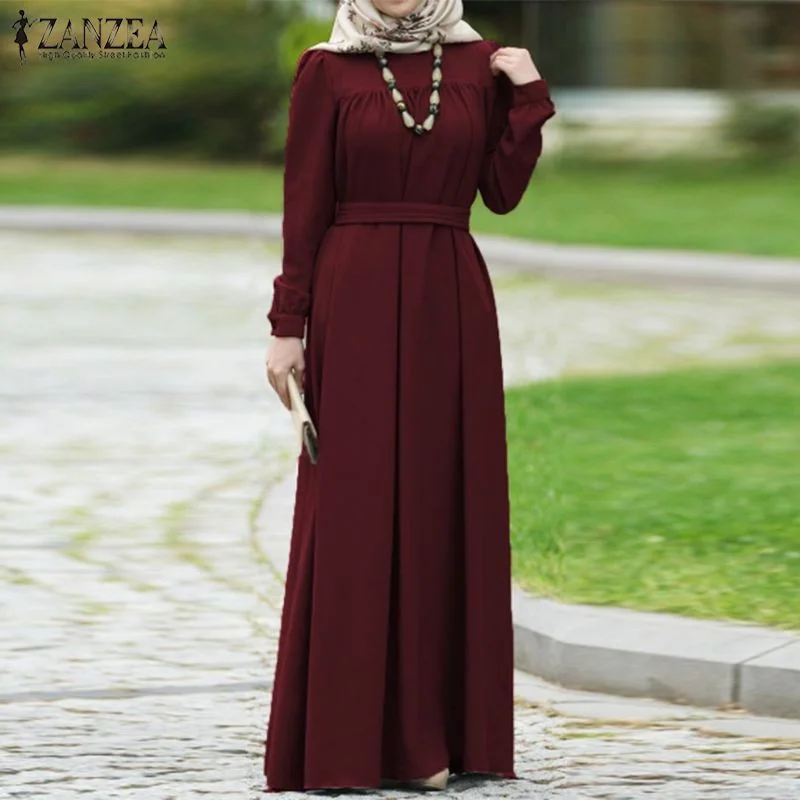 ZANZEA Women Autumn Dress Casual Long Sleeve Solid Maxi Long Vestido Loose Sundress Muslim Dress Kaftan Abaya Dubai Hijab