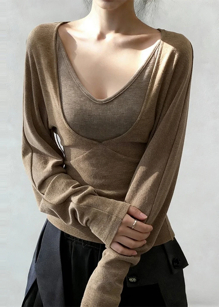 Boho Khaki V Neck Patchwork Cotton Shirt Tops Spring