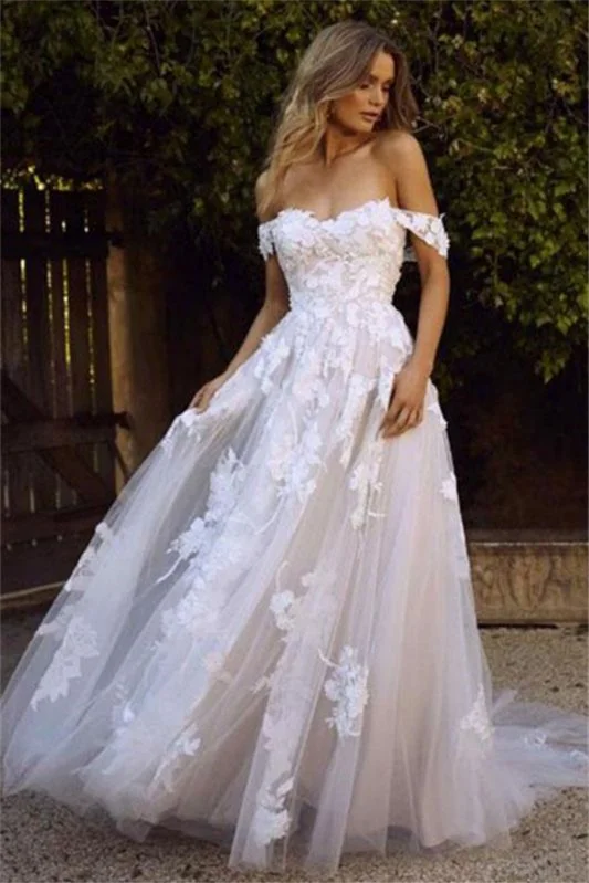 Schulterfreies Tüll Hochzeitskleid in A-Linie mit Spitzenapplikationen PD0975 Lunass