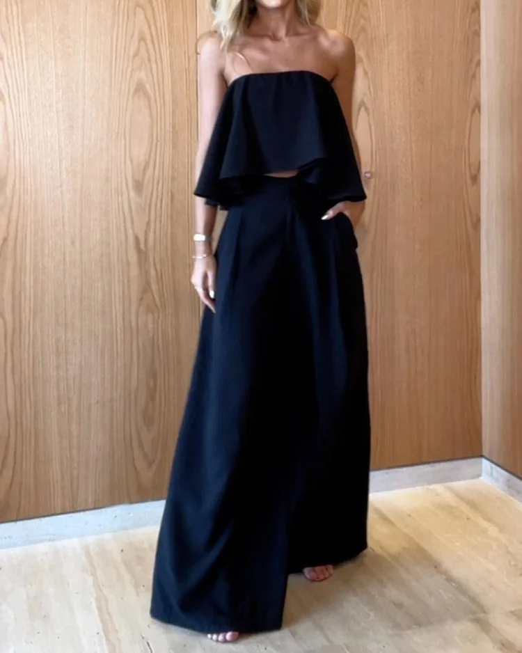 Casual Solid Color Tube Top & Wide Leg Pants Two-piece Set