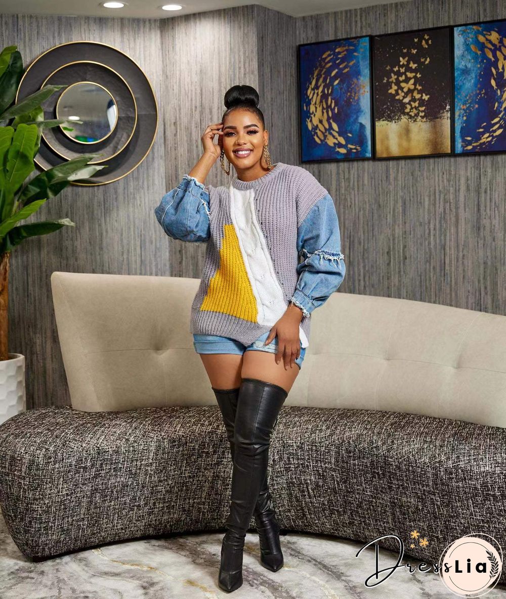 Contrast Color Denim Patchwork Long Sleeve Sweaters