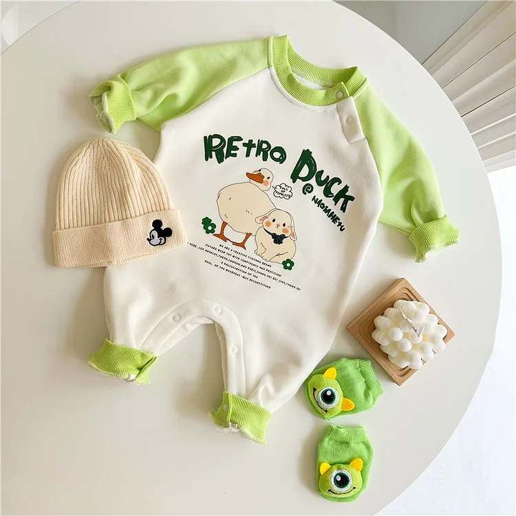 Baby Boy/Girl Dog and Duck Print Long Sleeve Fluff Romper