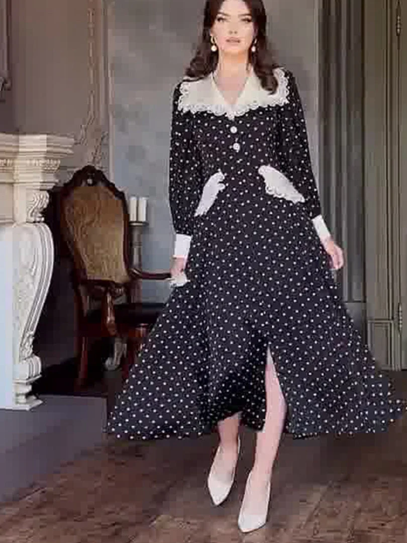 Style & Comfort for Mature Women Women Long Sleeve Shirt Collar Polka Dot Printed Graphic Maxi Dress