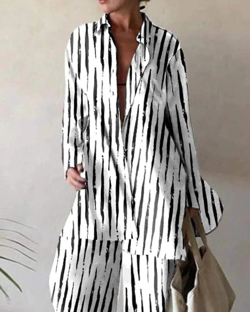 Printed Loose Long Sleeve Shirt + Straight Pants