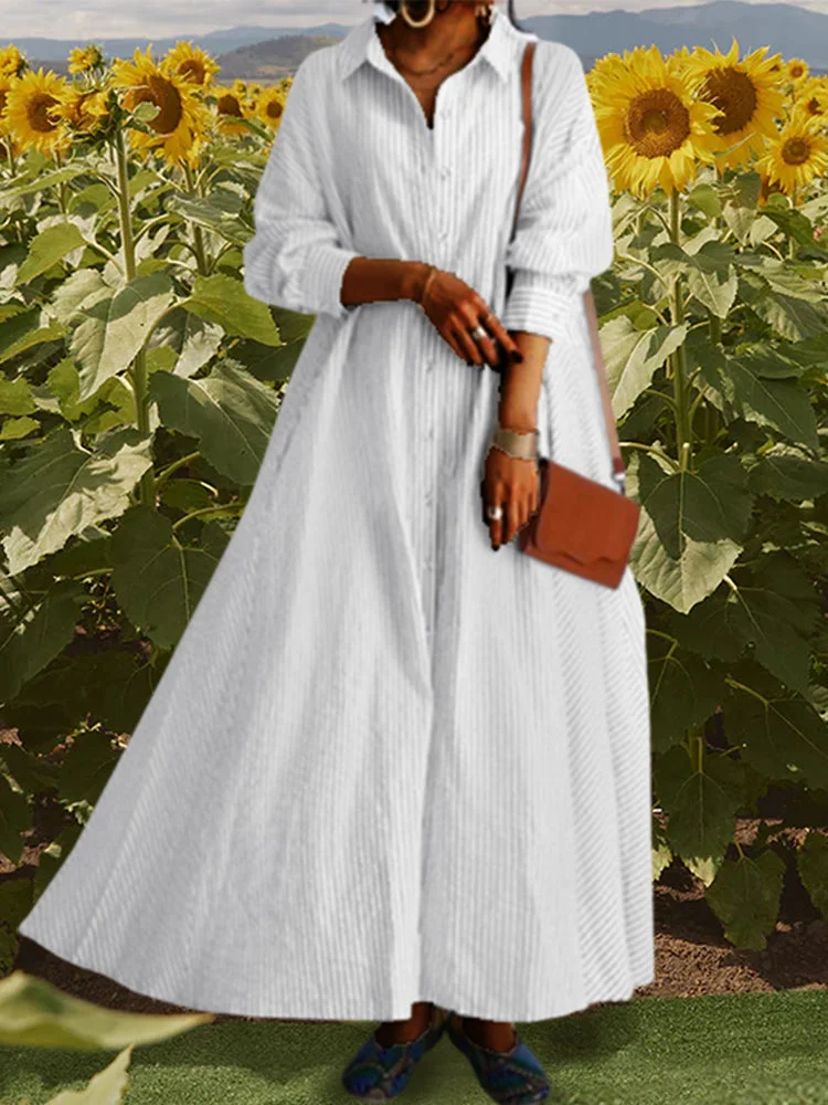 Cotton Linen Striped Lapel Long Sleeve Pocket Simple Loose Casual Long Shirt Dress