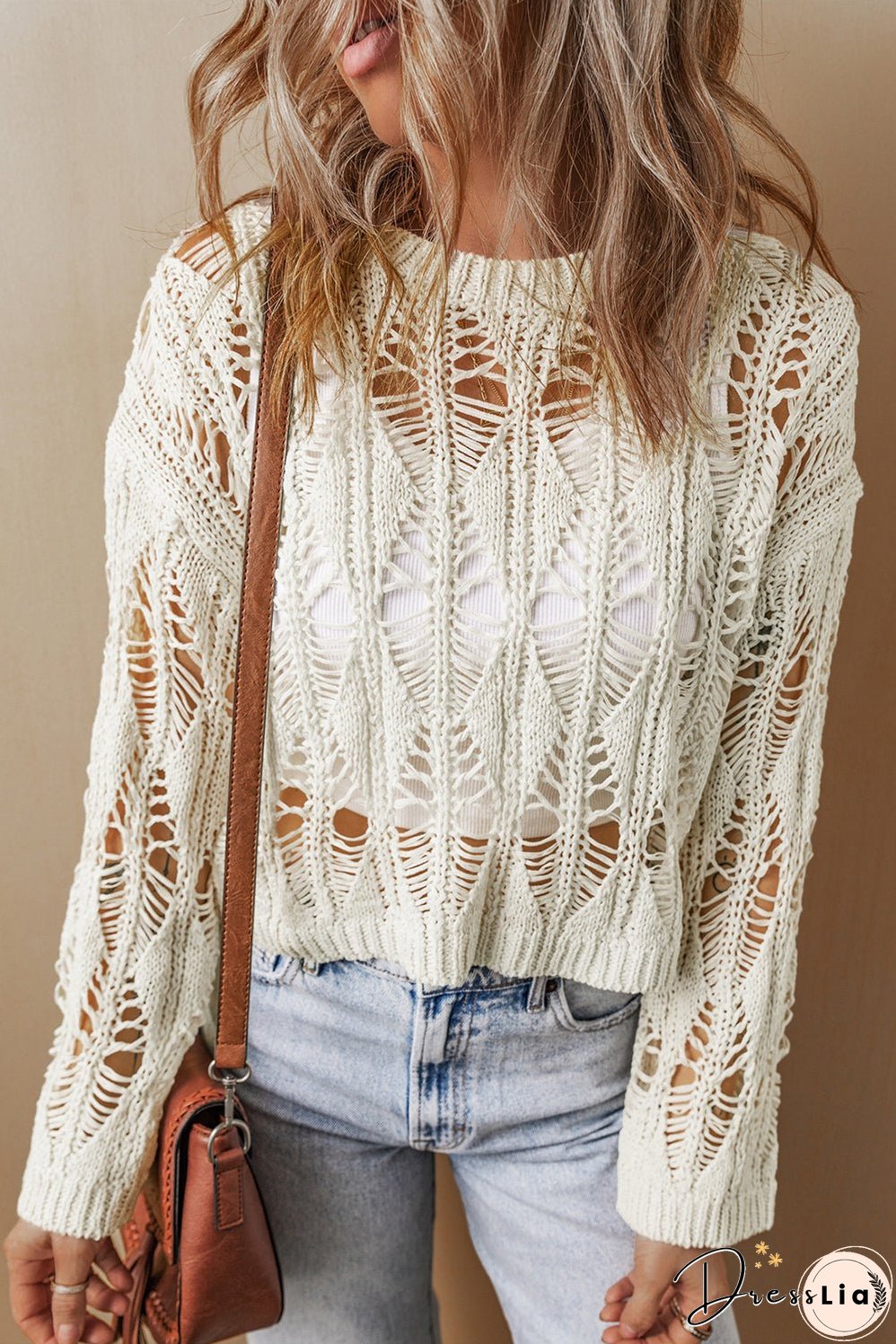 Cut Out Crochet Crew Neck Loose Fit Sweater