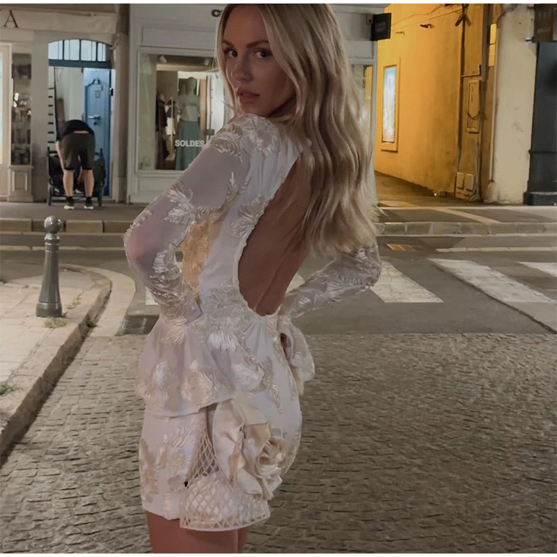 Backless Print Sexy Bodycon Women's Dresses O-neck New White Package Hip Robe Long Flared Sleeve Midi Dresses Slim Fit Vestidos