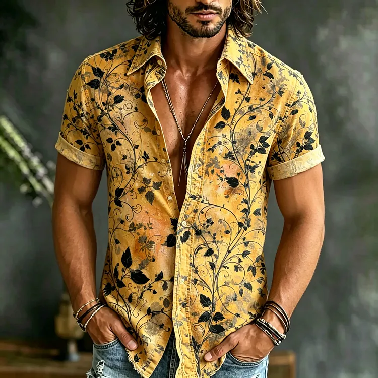 Men's Floral Art Print Casual Cotton Linen Short-sleeve Shirt