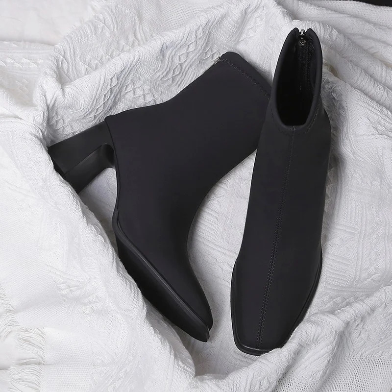 Churchf Churchf Leather High-Heeled Short Boots Women's 2023 New Autumn And Winter Thick Heel Square Head After The Zipper British Fashion Boots Temperament Thin Boots