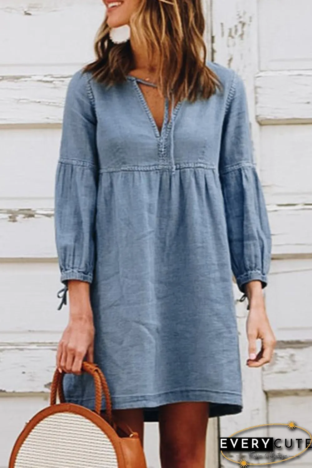 Sky Blue V-neck Lantern Sleeves Casual Mini Dress