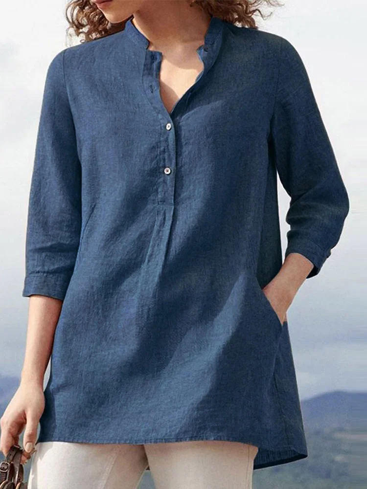 Dark Blue-V Neck Casual Comfy Blouse SKUC55856