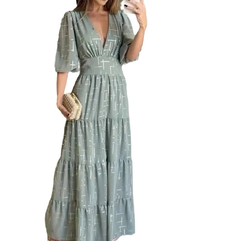 Toloer Toloer 2023 New Vintage V-Neck Fashion High-Waisted Print Dress Woman-Outfit Ideas