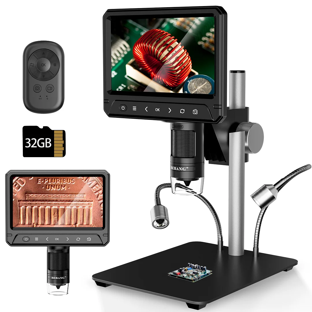 BEBANG 7" Coin Microscope, 1200X LCD Digital Microscope with 8 Adjustable LED Lights, 2 Flexible Side Lights, PC View Compatible with Windows Mac OS, 32GB