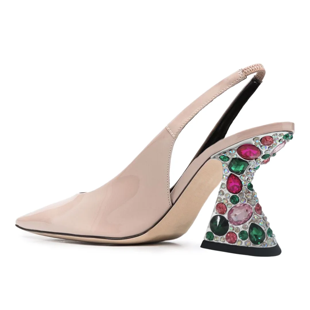 Pink Patent Leather Pointed Slingback Pumps with Rhinestone Heels