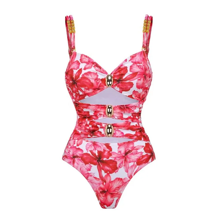 Cutout Flower Print One Piece Swimsuit and Skirt Flaxmaker